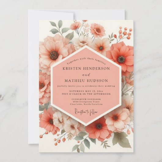 Coral Bloom Romantic Wedding Kaart (Voorkant)