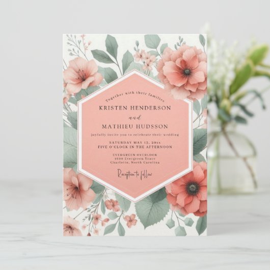 Coral Bloom Whimsical Wedding Kaart (Staand voorkant)