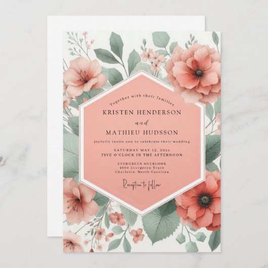 Coral Bloom Whimsical Wedding Kaart (Voorkant / Achterkant)
