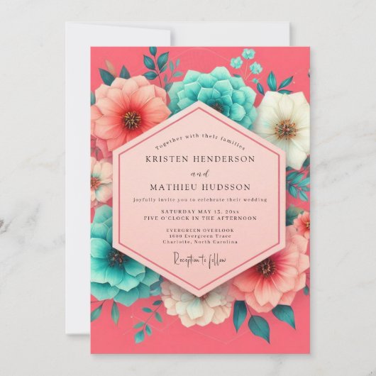 Coral Bloom Whimsy Wedding Kaart (Voorkant)