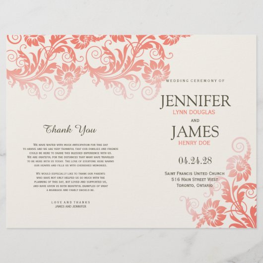 Coral Blooming Elegance Wedding Programs (Voorkant)