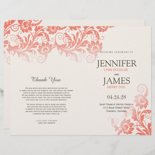 Coral Blooming Elegance Wedding Programs (Voorkant / Achterkant)