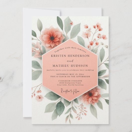 Coral Blossom Botanical Romance Wedding Kaart (Voorkant)