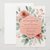 Coral Blossom Botanical Romance Wedding Kaart (Voorkant / Achterkant)