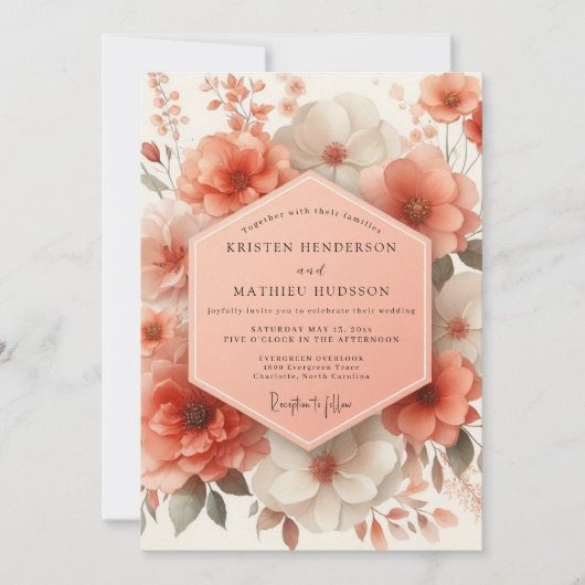 Coral Blossom Romantic Wedding Kaart (Voorkant)