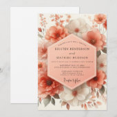 Coral Blossom Romantic Wedding Kaart (Voorkant / Achterkant)