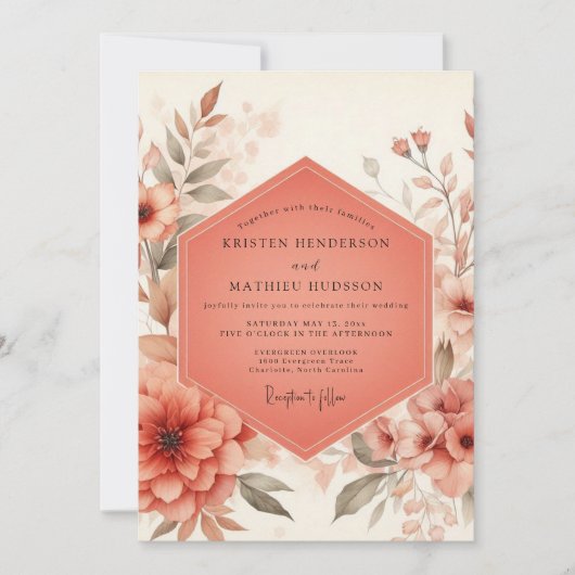 Coral Blossom Rustic Wedding Kaart (Voorkant)