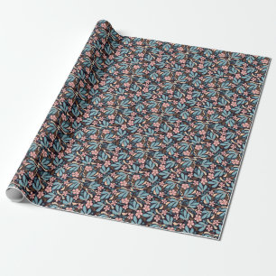 Coral Blue Bloemen Donkere Print Cadeaupapier