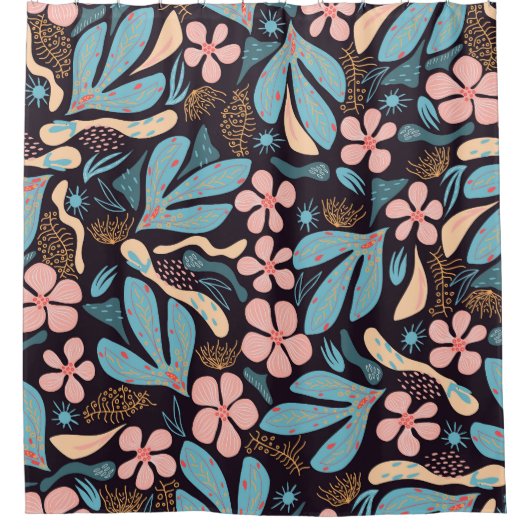 Coral Blue Bloemen Donkere Print Douchegordijn (Voorkant)