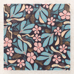 Coral Blue Bloemen Donkere Print Glazen Onderzetter