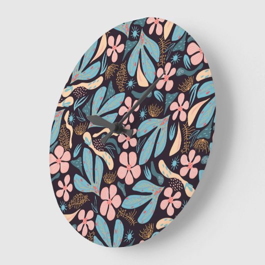 Coral Blue Bloemen Donkere Print Grote Klok (Hoek)