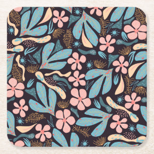 Coral Blue Bloemen Donkere Print Kartonnen Onderzetters