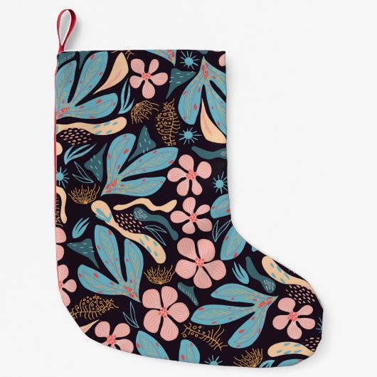 Coral Blue Bloemen Donkere Print Kleine Kerstsok (Voorkant)