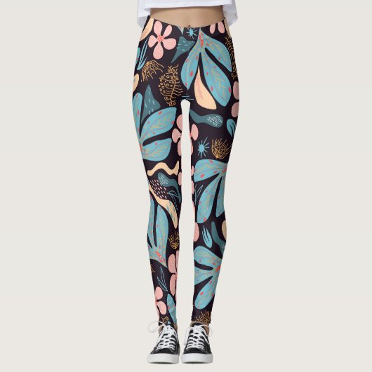 Coral Blue Bloemen Donkere Print Leggings (Voorkant)