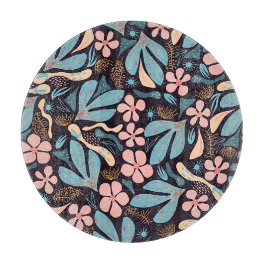 Coral Blue Bloemen Donkere Print Snijplank (Voorkant)