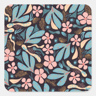 Coral Blue Bloemen Donkere Print Vierkante Sticker