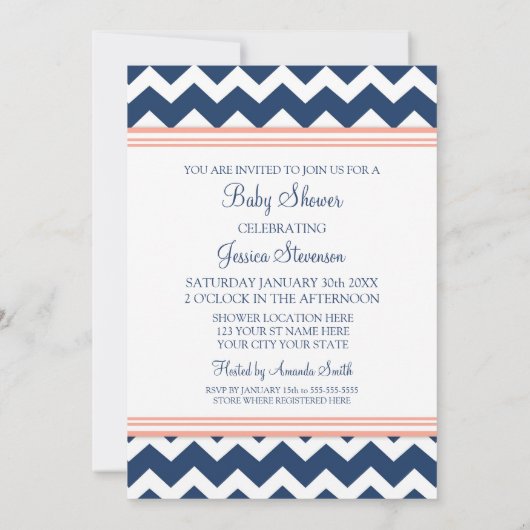 Coral Blue Chevron Custom Baby Shower Invitaties Kaart (Achterkant)