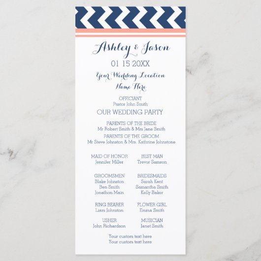 Coral Blue Chevron Wedding Programma Programmakaart (Achterkant)