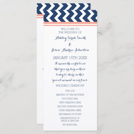 Coral Blue Chevron Wedding Programma Programmakaart (Voorkant / Achterkant)