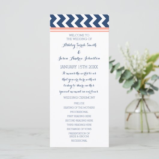 Coral Blue Chevron Wedding Programma Programmakaart (Staand voorkant)