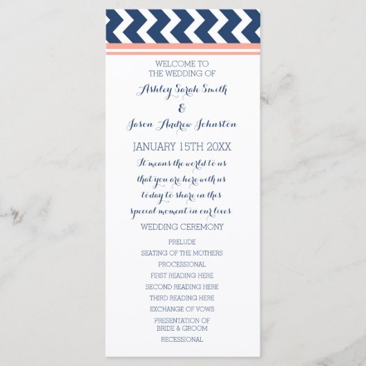 Coral Blue Chevron Wedding Programma Programmakaart (Voorkant)