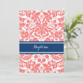 Coral Blue Damask Baptism Invitation Kaart (Staand voorkant)