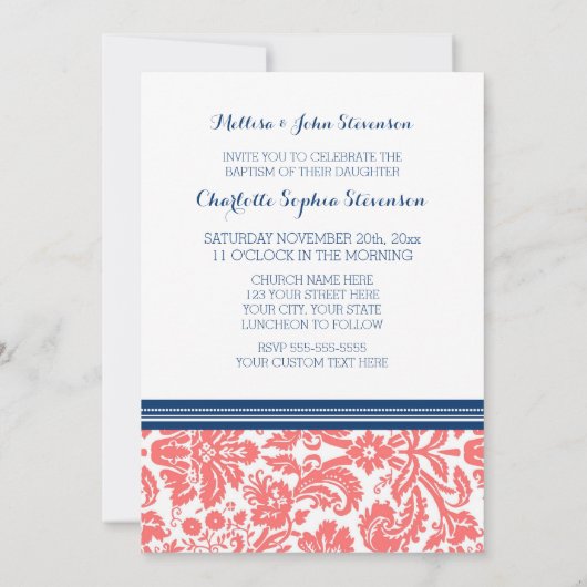 Coral Blue Damask Baptism Invitation Kaart (Achterkant)