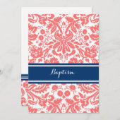 Coral Blue Damask Baptism Invitation Kaart (Voorkant / Achterkant)