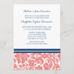 Coral Blue Damask Baptism Invitation Kaart