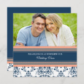 Coral Blue Damask Foto Wedding Vow Renewal Kaart (Voorkant / Achterkant)
