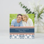 Coral Blue Damask Foto Wedding Vow Renewal Kaart (Staand voorkant)