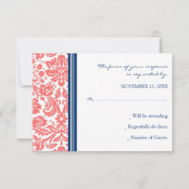 Coral Blue Damask RSVP Weddenkaart