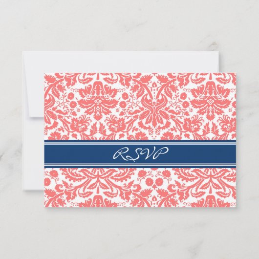 Coral Blue Damask RSVP Weddenkaart (Achterkant)