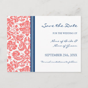 Coral Blue Damask Save the Date Wedding Briefkaart