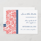 Coral Blue Damask Save the Date Wedding Briefkaart (Voorkant / Achterkant)