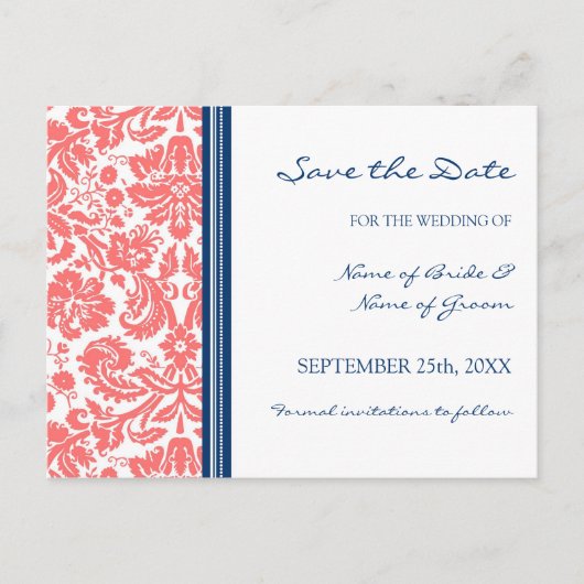 Coral Blue Damask Save the Date Wedding Briefkaart (Voorkant)