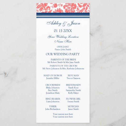 Coral Blue Damask Wedding Program Programmakaart (Achterkant)