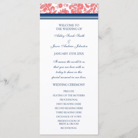 Coral Blue Damask Wedding Program Programmakaart (Voorkant)