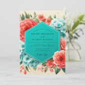 Coral Blue Floral Romance Wedding Kaart (Staand voorkant)