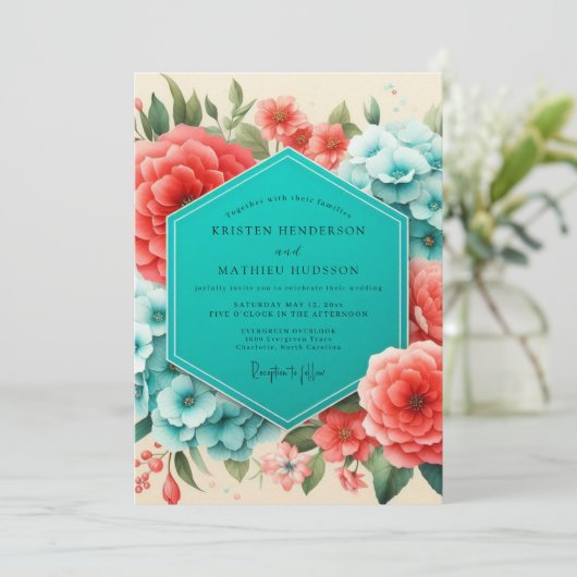 Coral Blue Floral Romance Wedding Kaart (Staand voorkant)