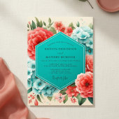 Coral Blue Floral Romance Wedding Kaart