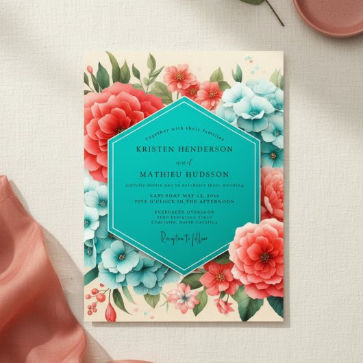Coral Blue Floral Romance Wedding Kaart