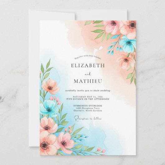 Coral Blue Floral Whimsy Wedding Kaart (Voorkant)