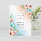 Coral Blue Floral Whimsy Wedding Kaart (Staand voorkant)