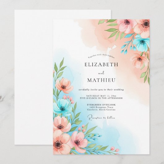 Coral Blue Floral Whimsy Wedding Kaart (Voorkant / Achterkant)