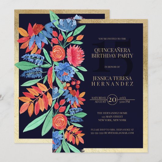 Coral Blue Gold Floral Waterverf Quinceañera Kaart (Voorkant / Achterkant)
