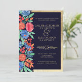 Coral Blue Gold Floral Waterverf Verloving Kaart (Staand voorkant)