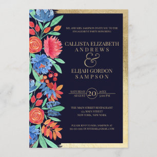 Coral Blue Gold Floral Waterverf Verloving Kaart