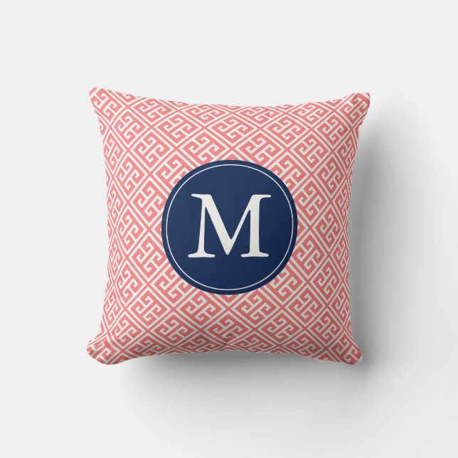 Coral Blue Greek Key Pattern Monogram Kussen (Voorkant)