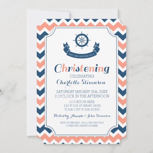 Coral Blue Nautical Custom Christening Uitnodiging (Achterkant)